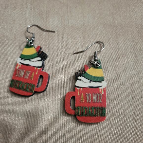 Son of a Nutcracker The Elf themed Christmas cocoa earrings - Picture 2 of 2